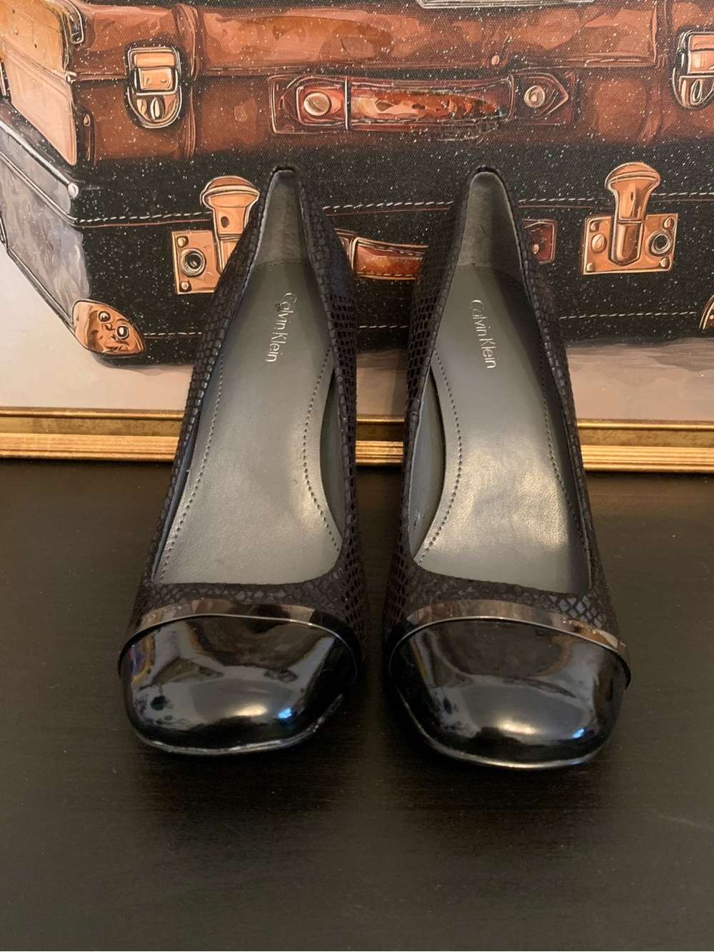 Calvin Klein Black Patent Cap-Toe Pumps SL012